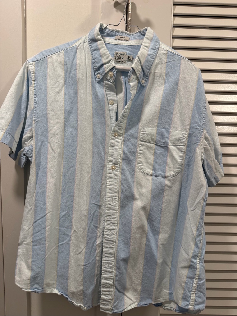 J. Crew Light Blue and White Vertical Stripe Short-Sleeve Button-Down Shirt
